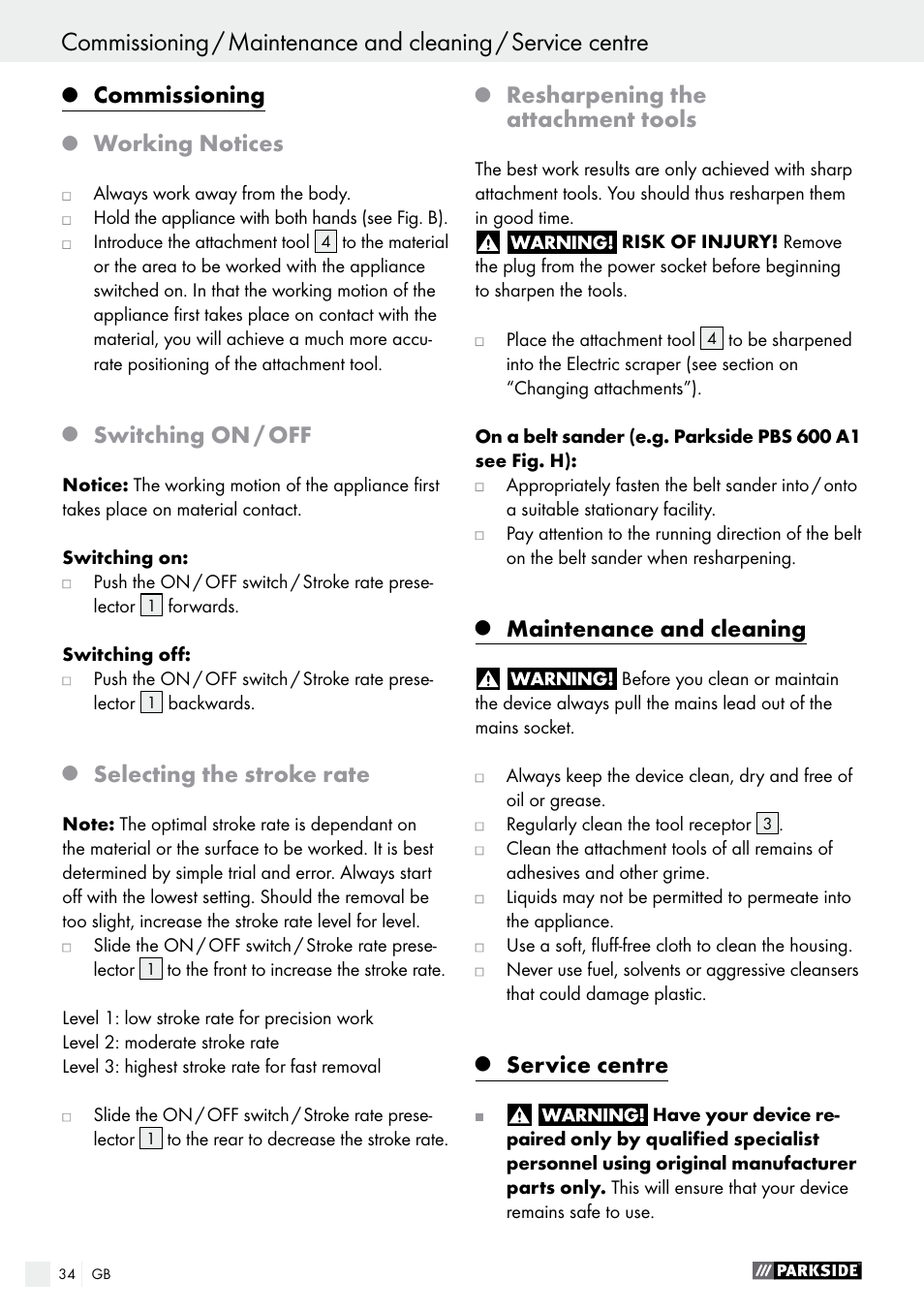 Commissioning, Working notices, Switching on / off | Selecting the stroke rate, Resharpening the attachment tools, Maintenance and cleaning, Service centre | Parkside PES 200 B1 User Manual | Page 34 / 37