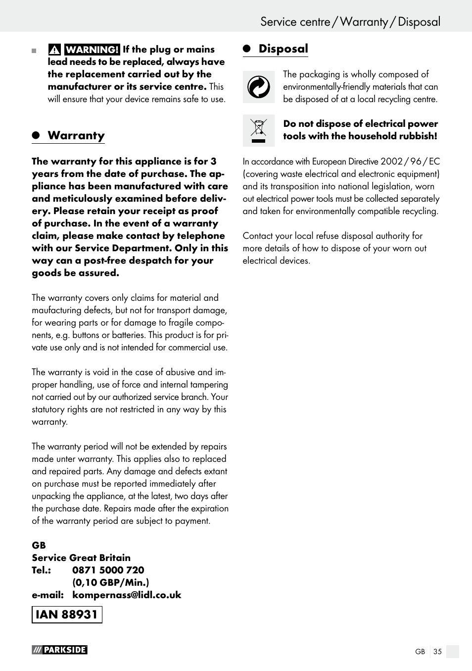 Warranty, Disposal | Parkside PES 200 B1 User Manual | Page 35 / 37