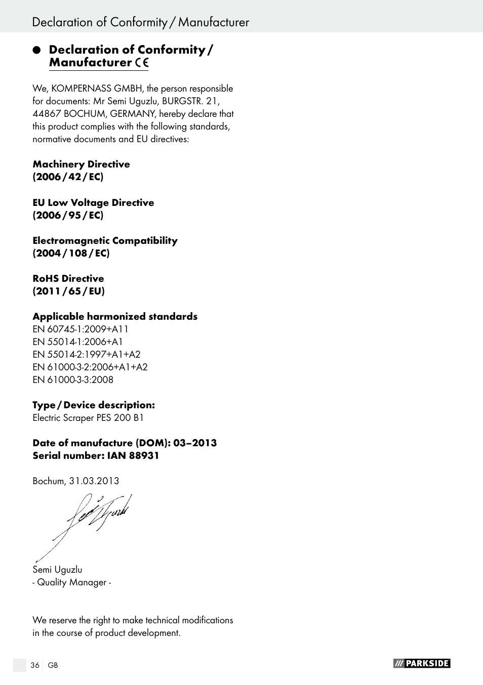 Declaration of conformity / manufacturer | Parkside PES 200 B1 User Manual | Page 36 / 37