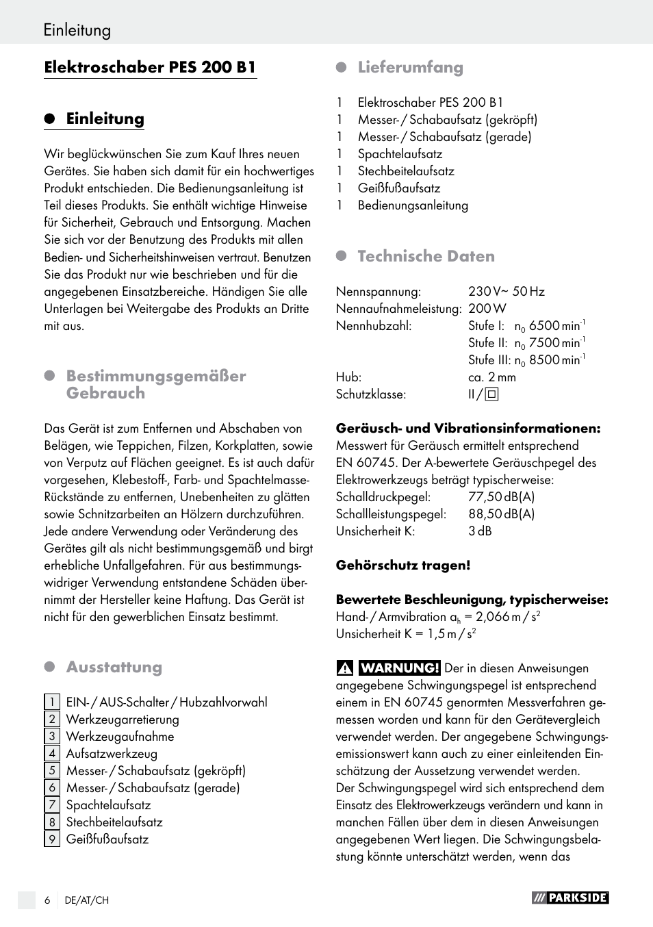 Elektroschaber pes 200 b1, Einleitung, Bestimmungsgemäßer gebrauch | Ausstattung, Lieferumfang, Technische daten | Parkside PES 200 B1 User Manual | Page 6 / 37