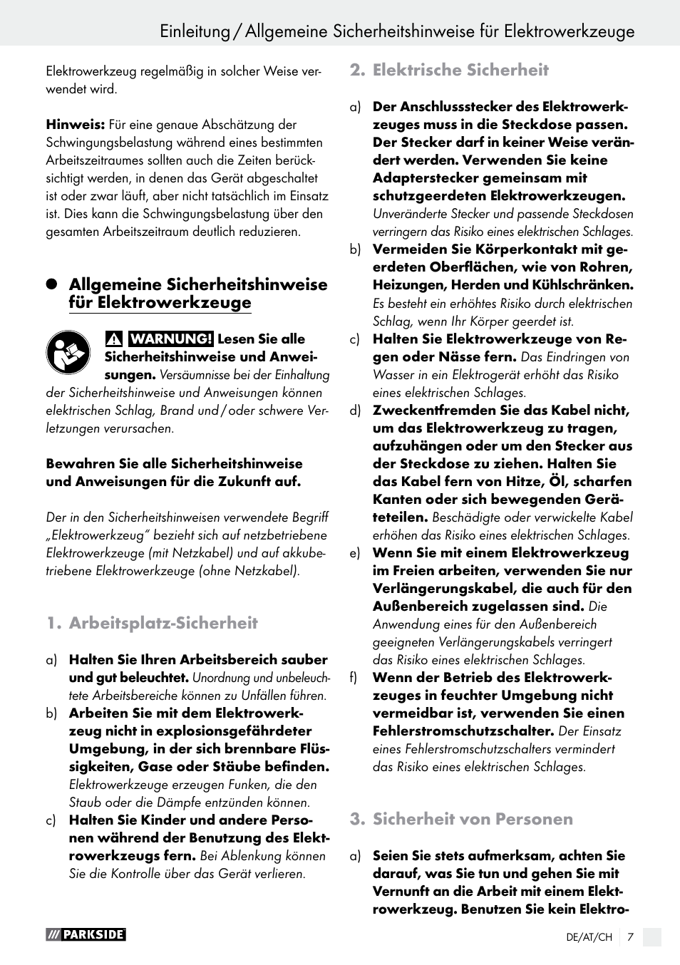 Einleitung, Arbeitsplatz-sicherheit, Elektrische sicherheit | Sicherheit von personen | Parkside PES 200 B1 User Manual | Page 7 / 37