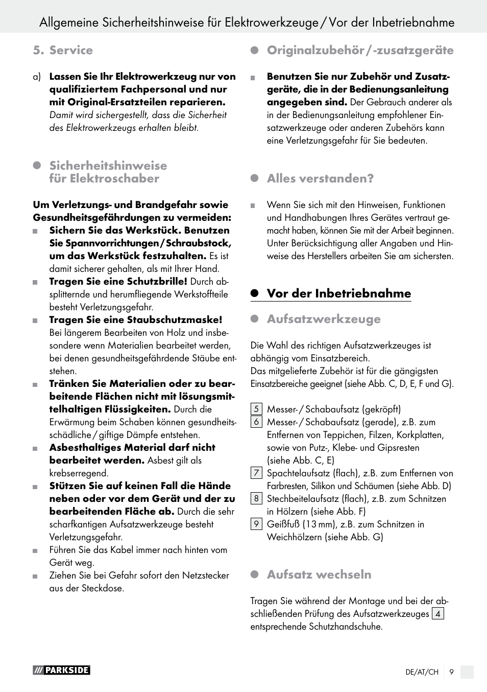 Service, Sicherheitshinweise für elektroschaber, Originalzubehör / -zusatzgeräte | Alles verstanden, Vor der inbetriebnahme, Aufsatzwerkzeuge, Aufsatz wechseln | Parkside PES 200 B1 User Manual | Page 9 / 37
