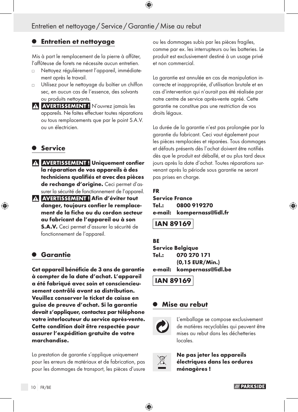 Entretien et nettoyage, Service, Garantie | Mise au rebut | Parkside PBSG 95 A1 User Manual | Page 10 / 36