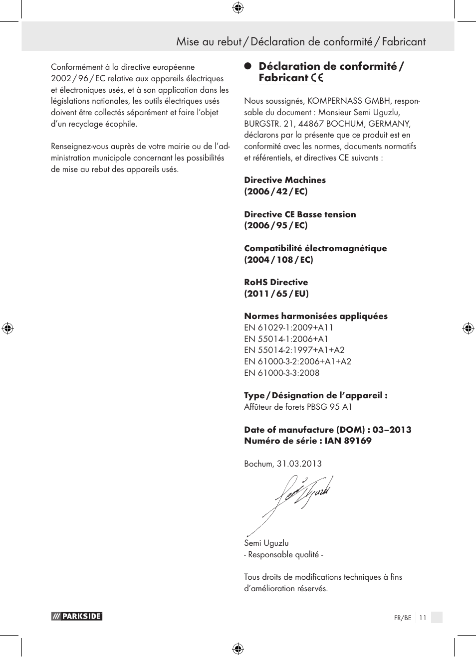 Déclaration de conformité / fabricant | Parkside PBSG 95 A1 User Manual | Page 11 / 36