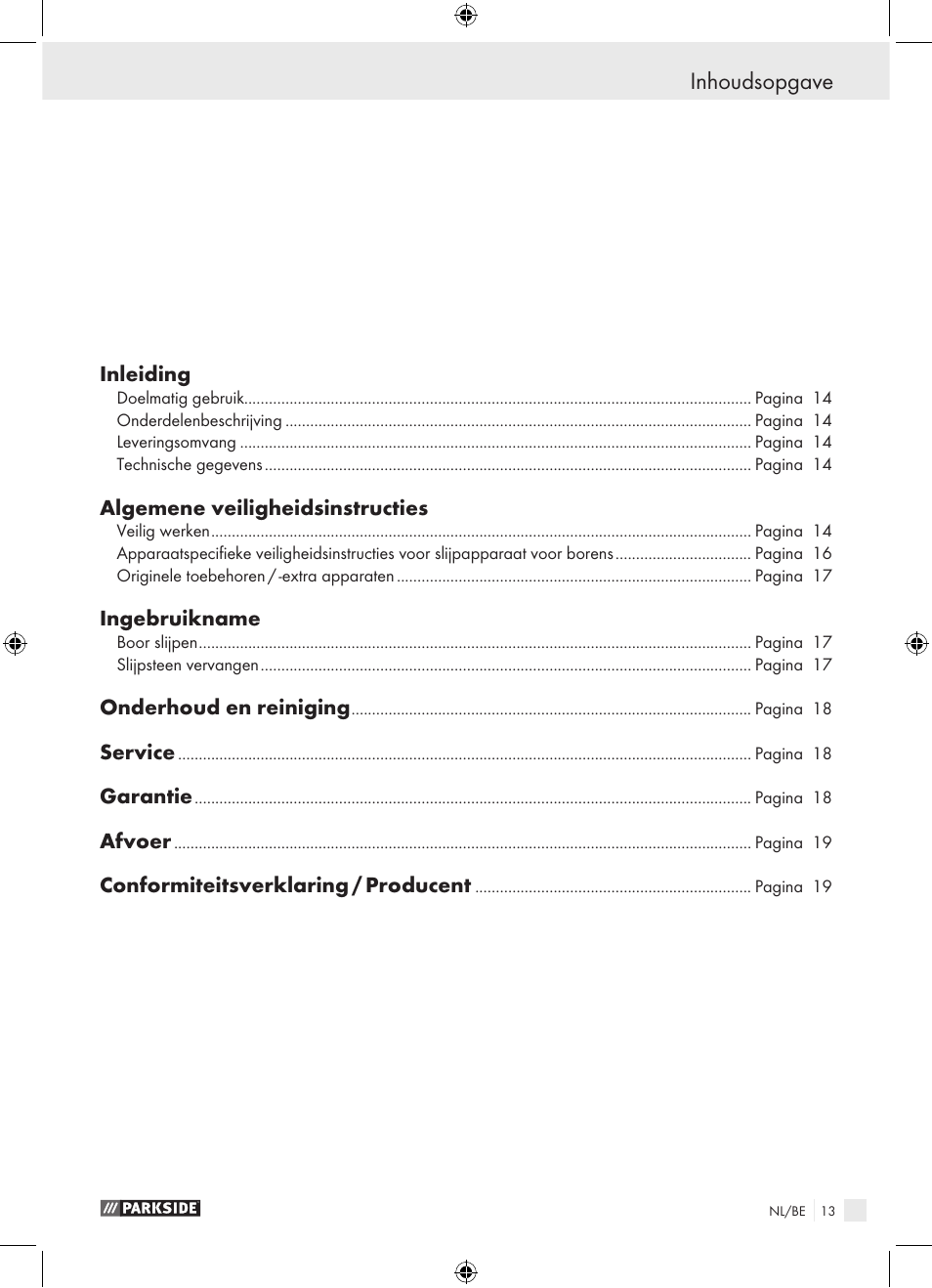 Inhoudsopgave | Parkside PBSG 95 A1 User Manual | Page 13 / 36
