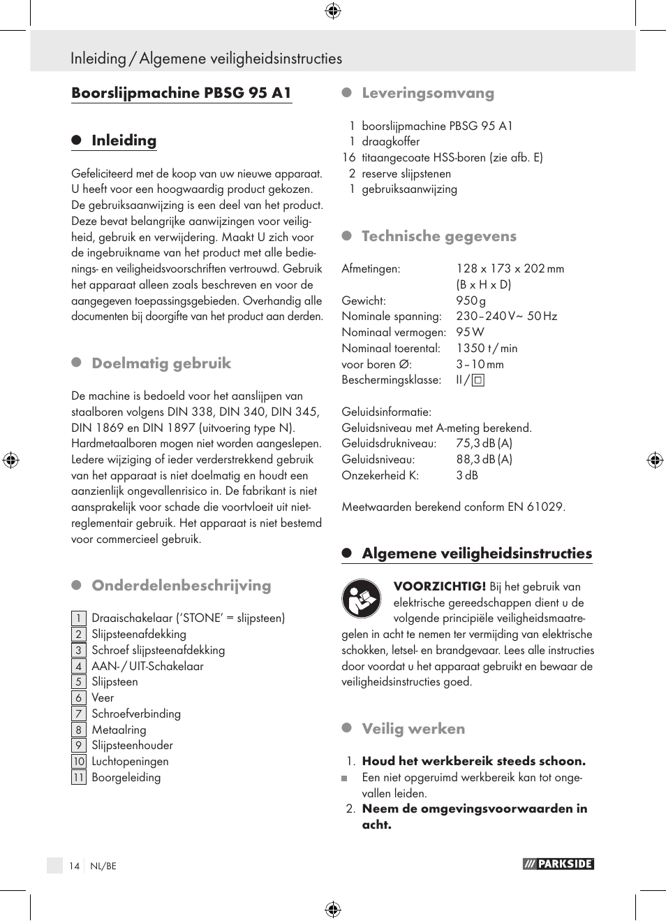 Boorslijpmachine pbsg 95 a1, Inleiding, Doelmatig gebruik | Onderdelenbeschrijving, Leveringsomvang, Technische gegevens, Algemene veiligheidsinstructies, Veilig werken | Parkside PBSG 95 A1 User Manual | Page 14 / 36