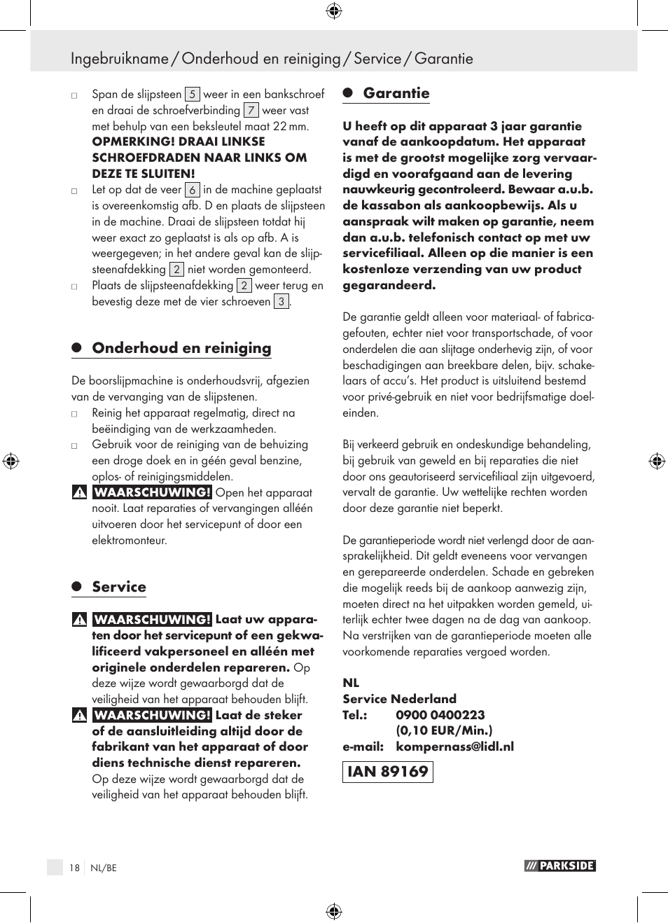 Onderhoud en reiniging, Service, Garantie | Parkside PBSG 95 A1 User Manual | Page 18 / 36