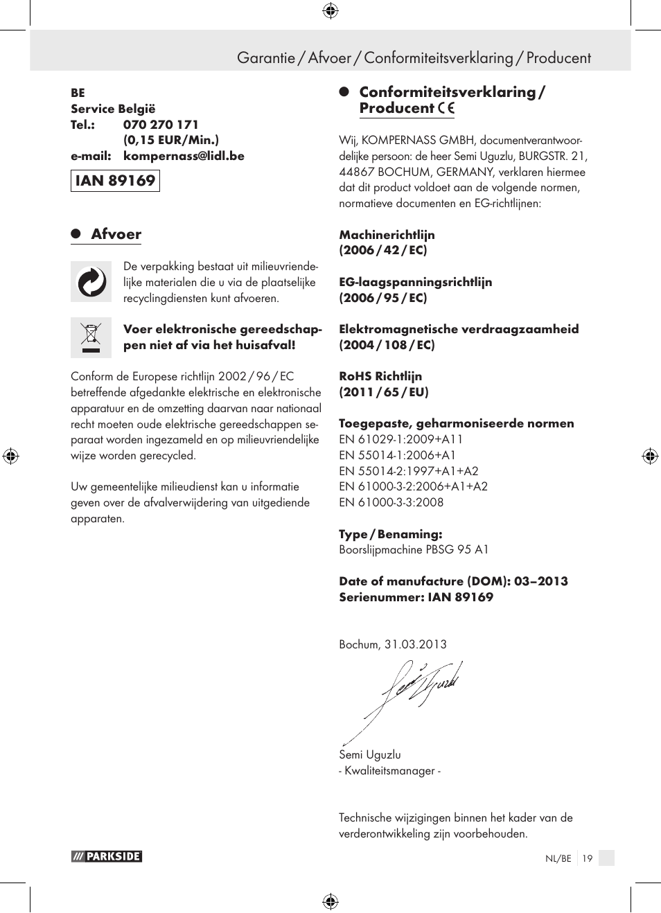 Afvoer, Conformiteitsverklaring / producent | Parkside PBSG 95 A1 User Manual | Page 19 / 36