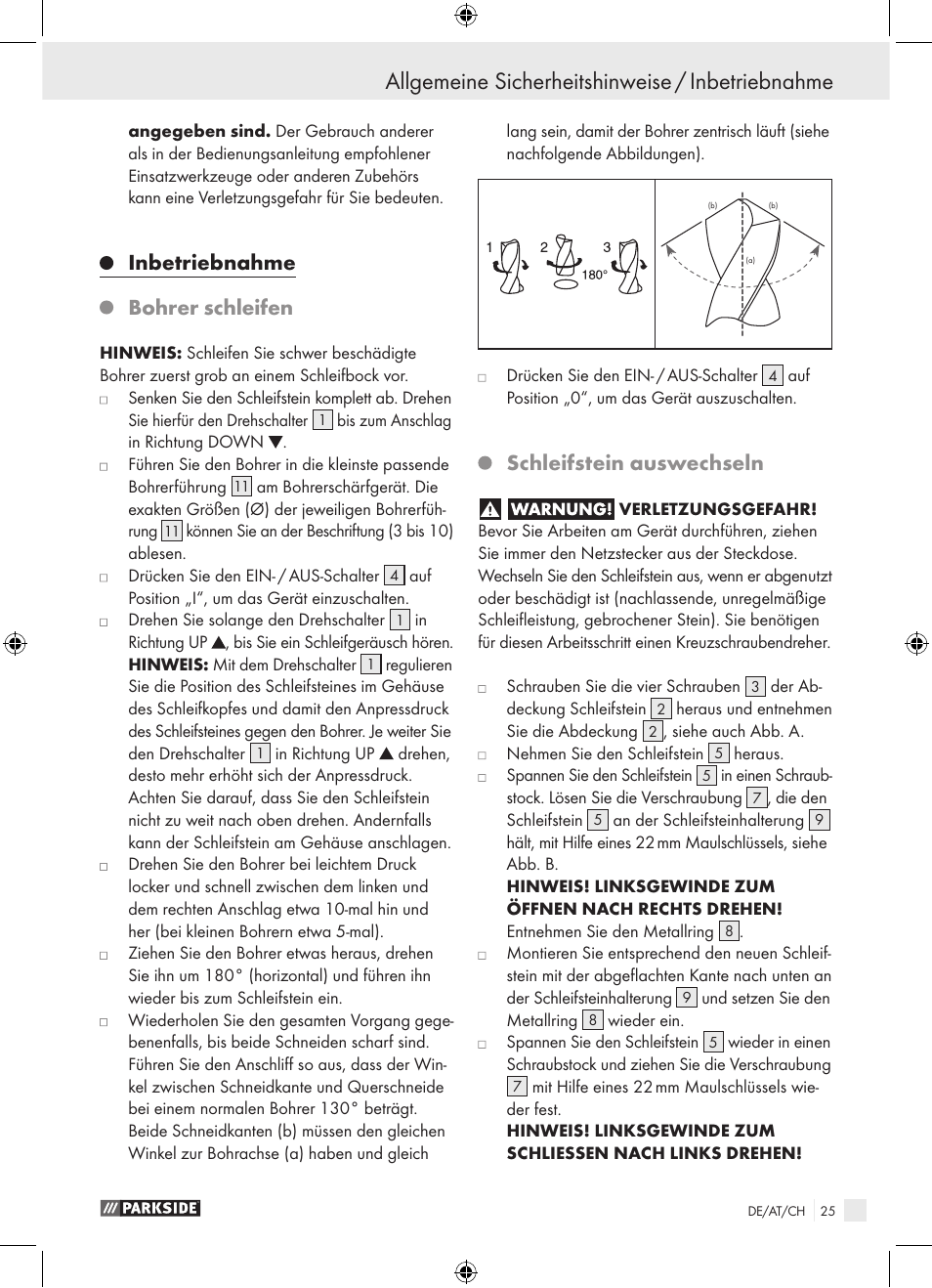 Inbetriebnahme, Bohrer schleifen, Schleifstein auswechseln | Parkside PBSG 95 A1 User Manual | Page 25 / 36