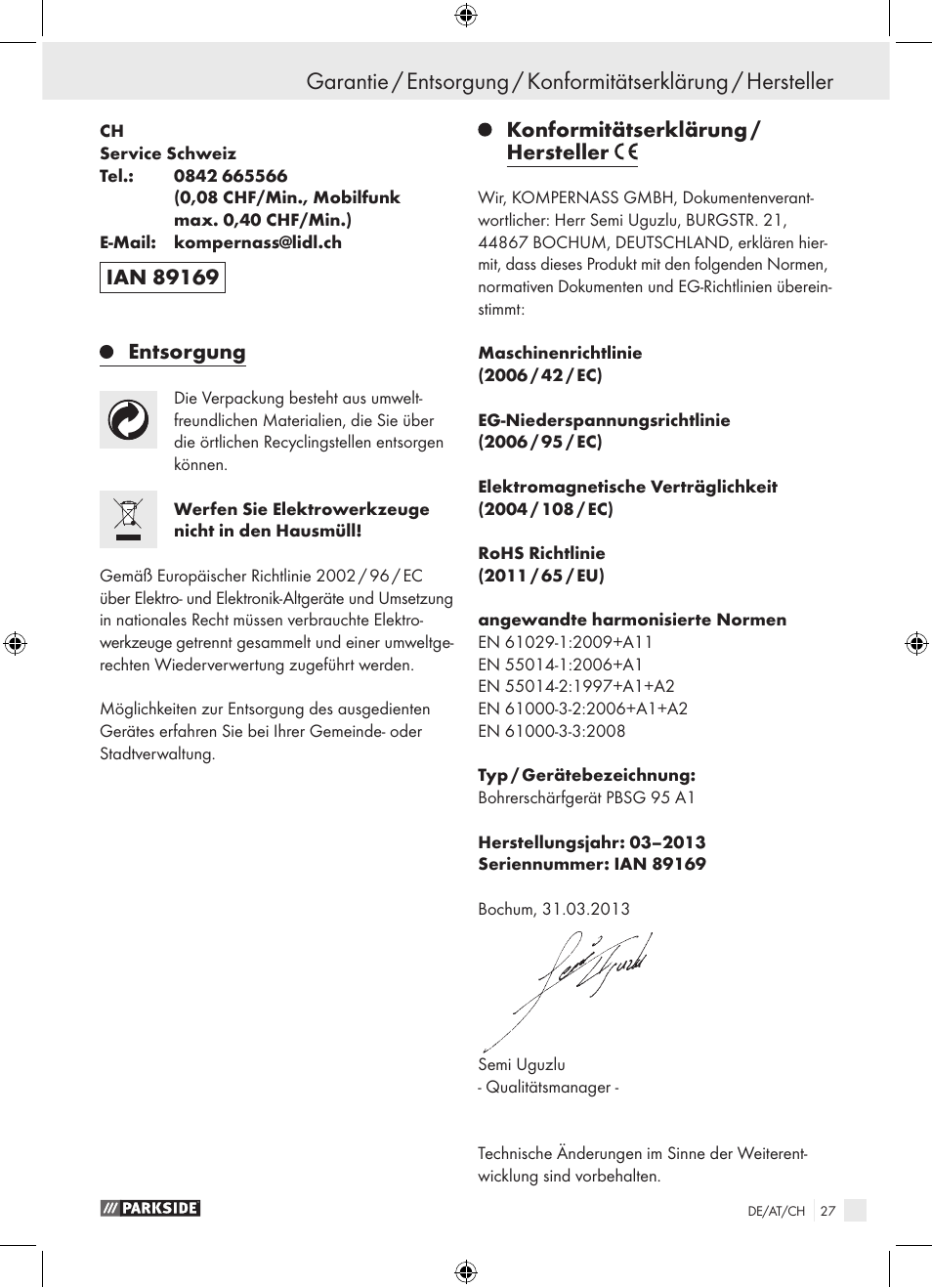 Entsorgung, Konformitätserklärung / hersteller | Parkside PBSG 95 A1 User Manual | Page 27 / 36