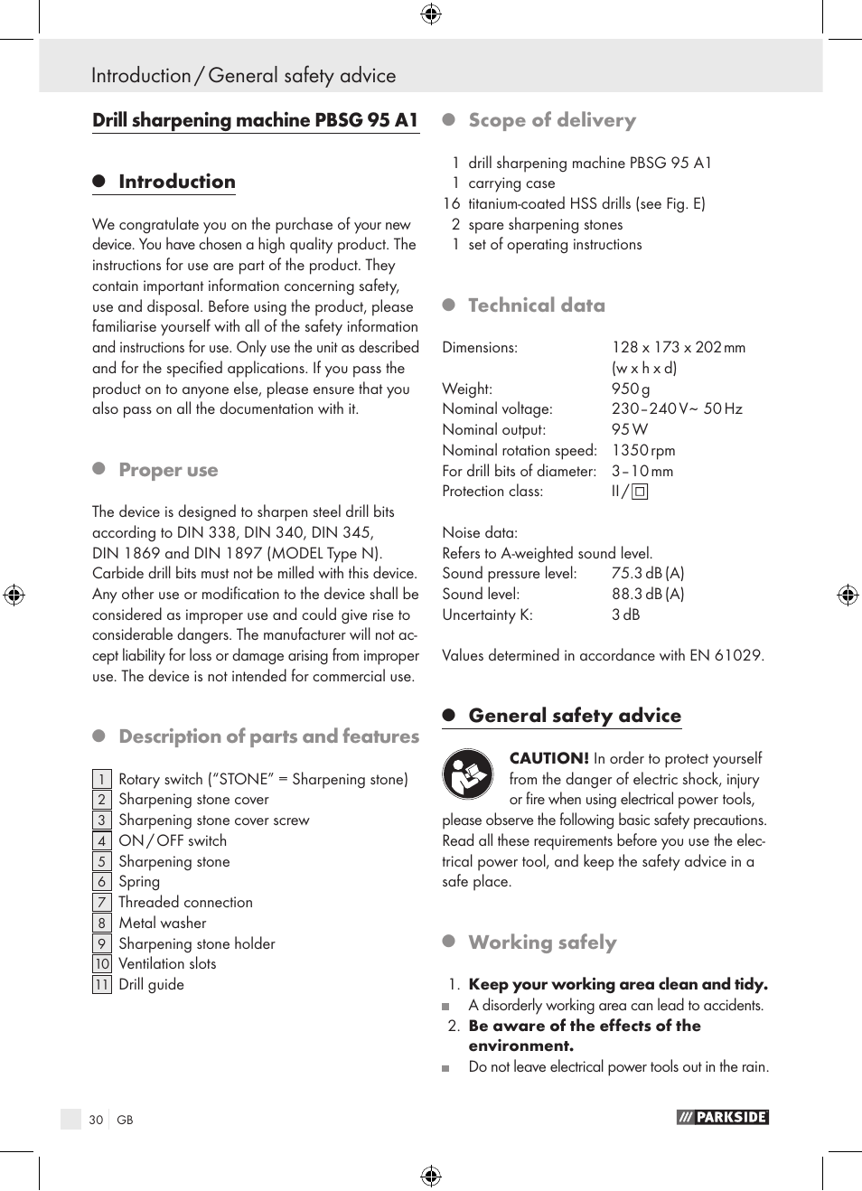 Drill sharpening machine pbsg 95 a1, Introduction, Proper use | Description of parts and features, Scope of delivery, Technical data, General safety advice, Working safely | Parkside PBSG 95 A1 User Manual | Page 30 / 36
