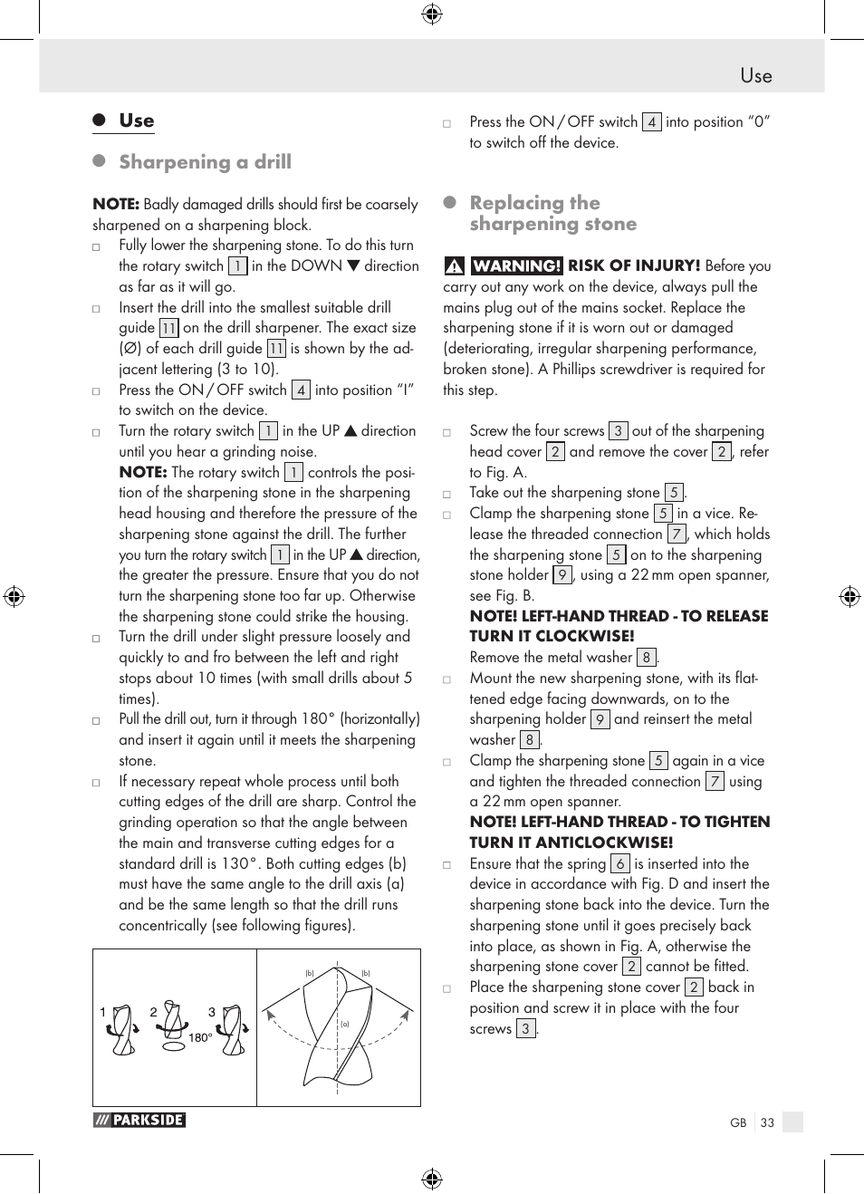 Use general safety advice, Sharpening a drill, Replacing the sharpening stone | Parkside PBSG 95 A1 User Manual | Page 33 / 36