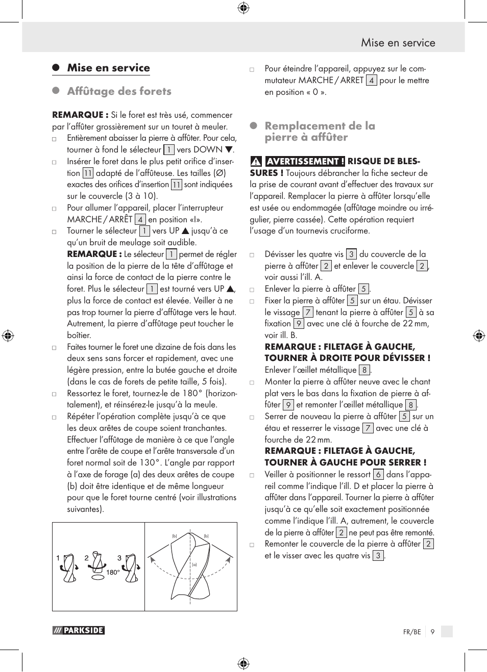 Mise en service instructions de sécurité générales, Mise en service, Affûtage des forets | Remplacement de la pierre à affûter | Parkside PBSG 95 A1 User Manual | Page 9 / 36