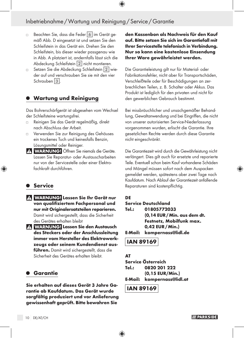 Wartung und reinigung, Service, Garantie | Parkside PBSG 95 A1 User Manual | Page 10 / 36