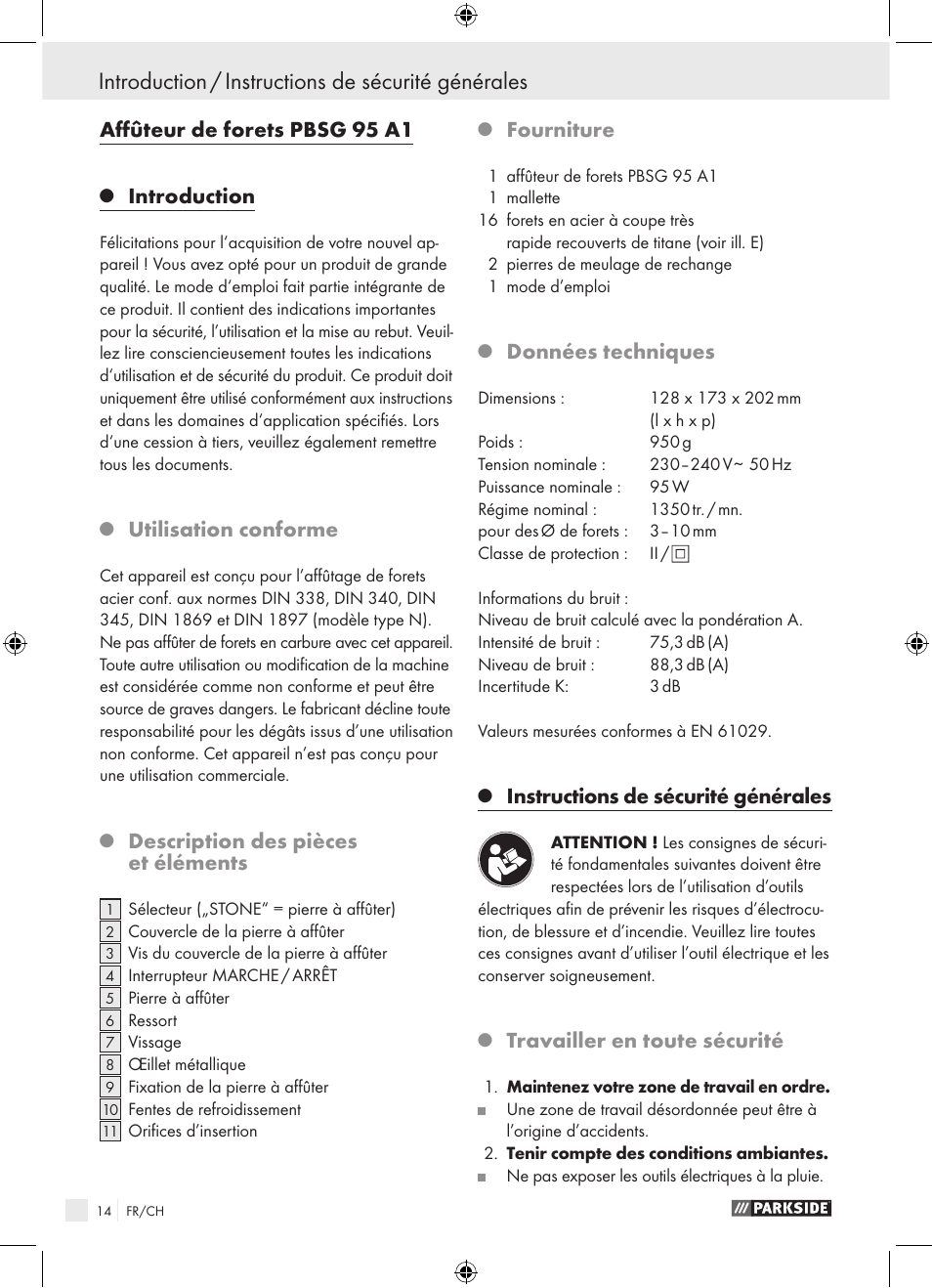 Affûteur de forets pbsg 95 a1, Introduction, Utilisation conforme | Description des pièces et éléments, Fourniture, Données techniques, Instructions de sécurité générales, Travailler en toute sécurité | Parkside PBSG 95 A1 User Manual | Page 14 / 36