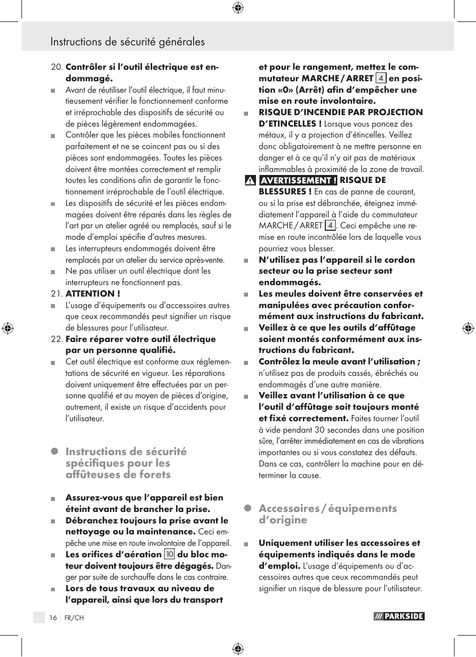 Mise en service instructions de sécurité générales, Accessoires / équipements d’origine | Parkside PBSG 95 A1 User Manual | Page 16 / 36