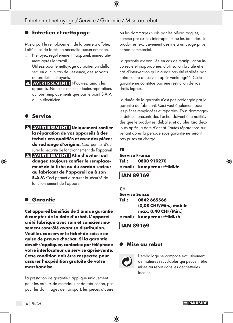 Entretien et nettoyage, Service, Garantie | Mise au rebut | Parkside PBSG 95 A1 User Manual | Page 18 / 36
