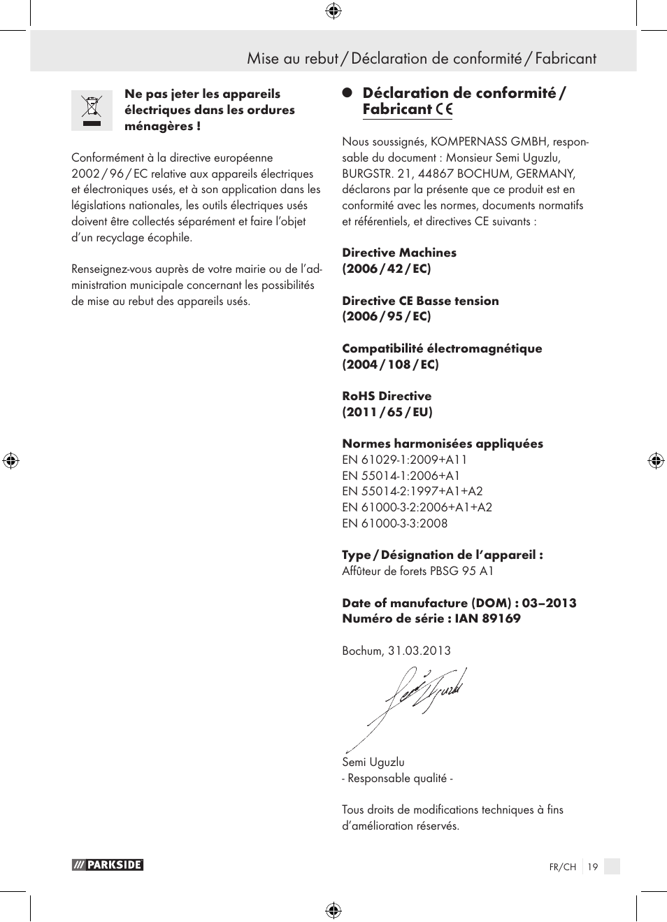 Déclaration de conformité / fabricant | Parkside PBSG 95 A1 User Manual | Page 19 / 36