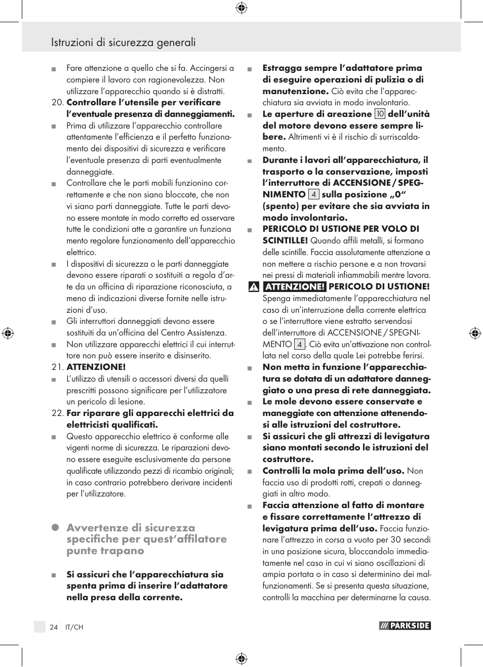 Istruzioni di sicurezza generali / avvio, Istruzioni di sicurezza generali | Parkside PBSG 95 A1 User Manual | Page 24 / 36