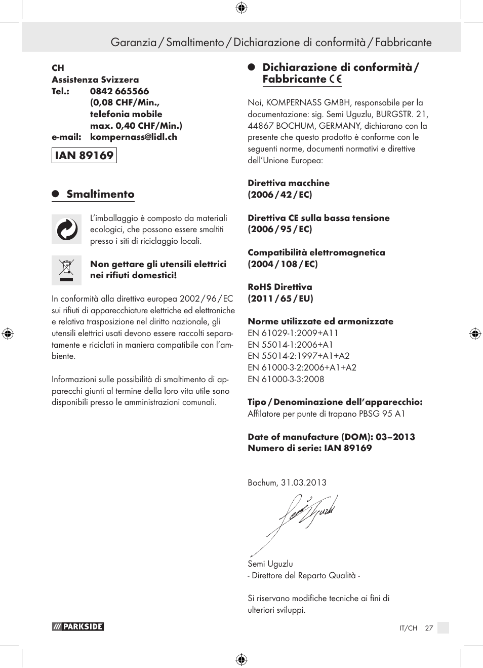 Smaltimento, Dichiarazione di conformità / fabbricante | Parkside PBSG 95 A1 User Manual | Page 27 / 36