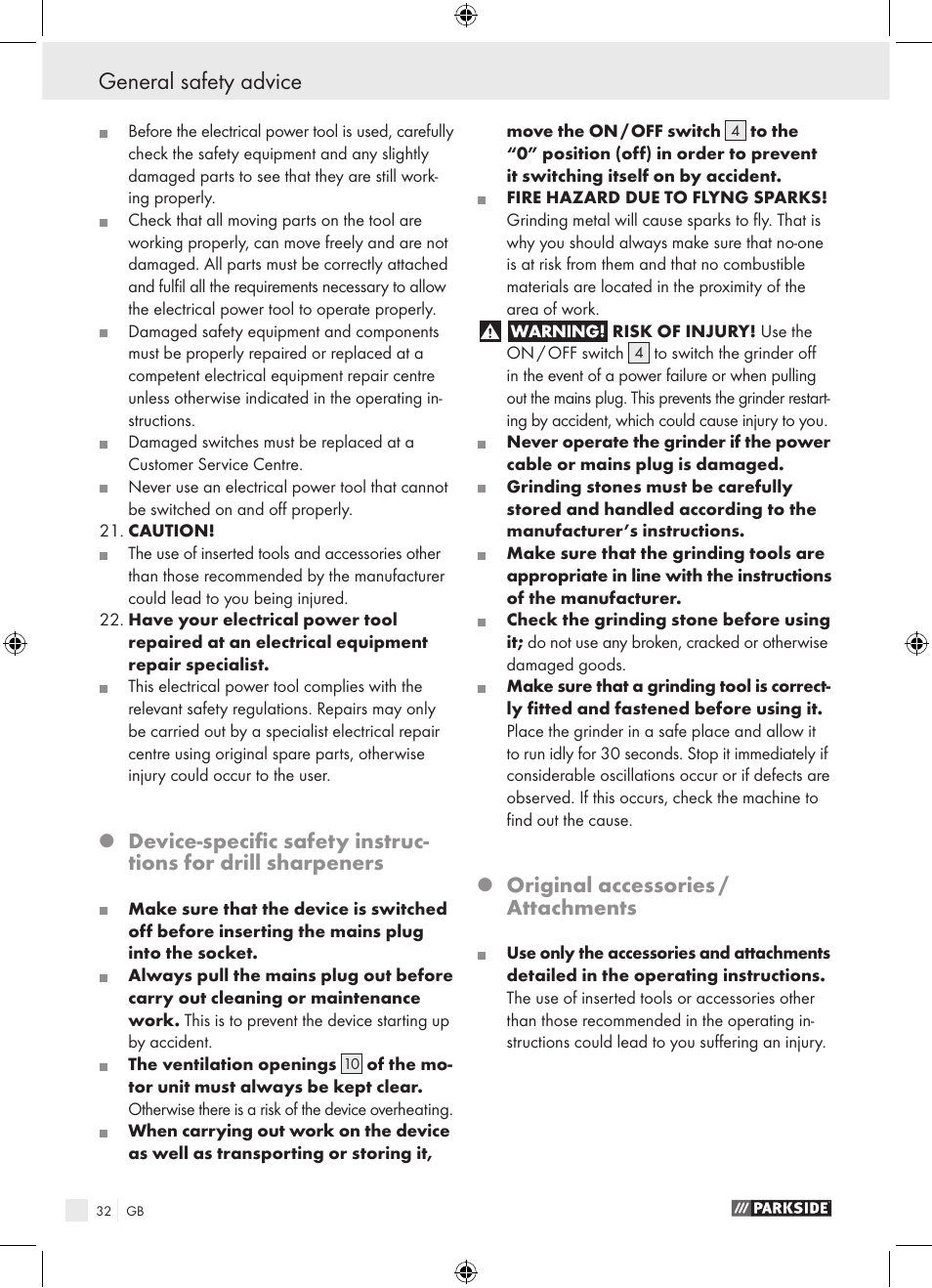 Use general safety advice, Original accessories / attachments | Parkside PBSG 95 A1 User Manual | Page 32 / 36