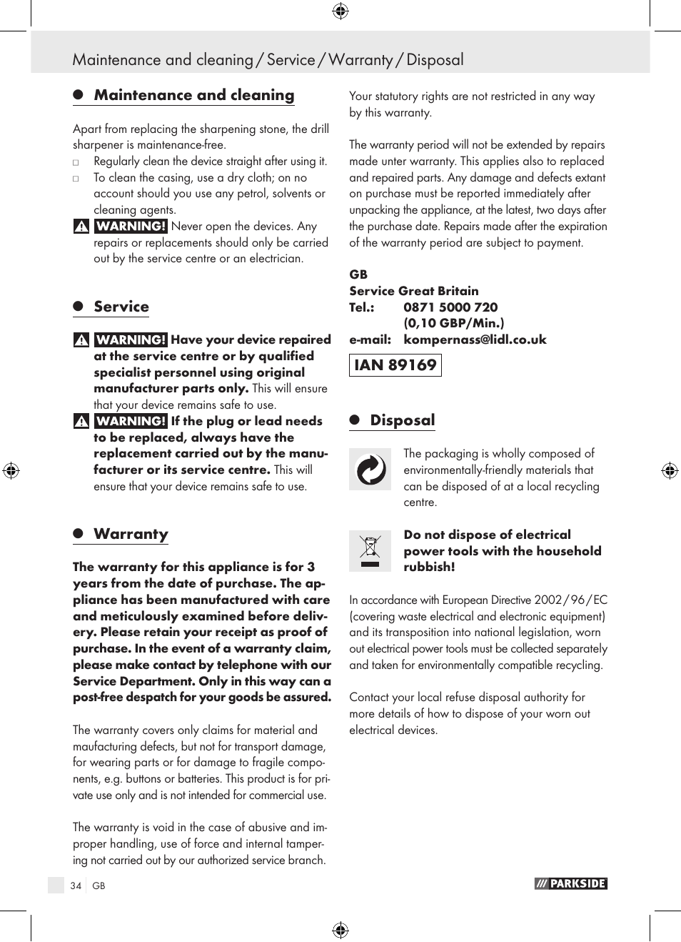 Maintenance and cleaning, Service, Warranty | Disposal | Parkside PBSG 95 A1 User Manual | Page 34 / 36