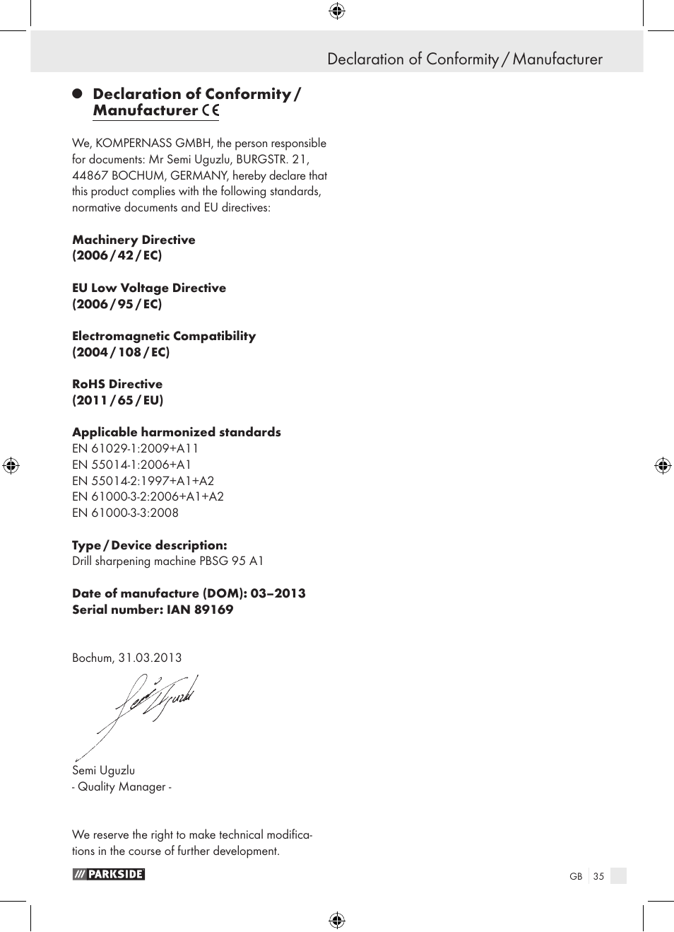 Declaration of conformity / manufacturer | Parkside PBSG 95 A1 User Manual | Page 35 / 36
