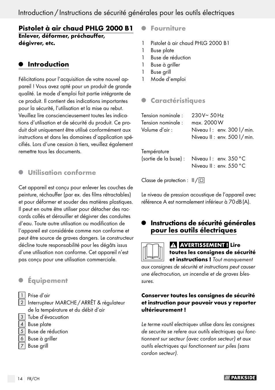 Introduction, Utilisation conforme, Équipement | Fourniture, Caractéristiques | Parkside PHLG 2000 B1 User Manual | Page 14 / 36