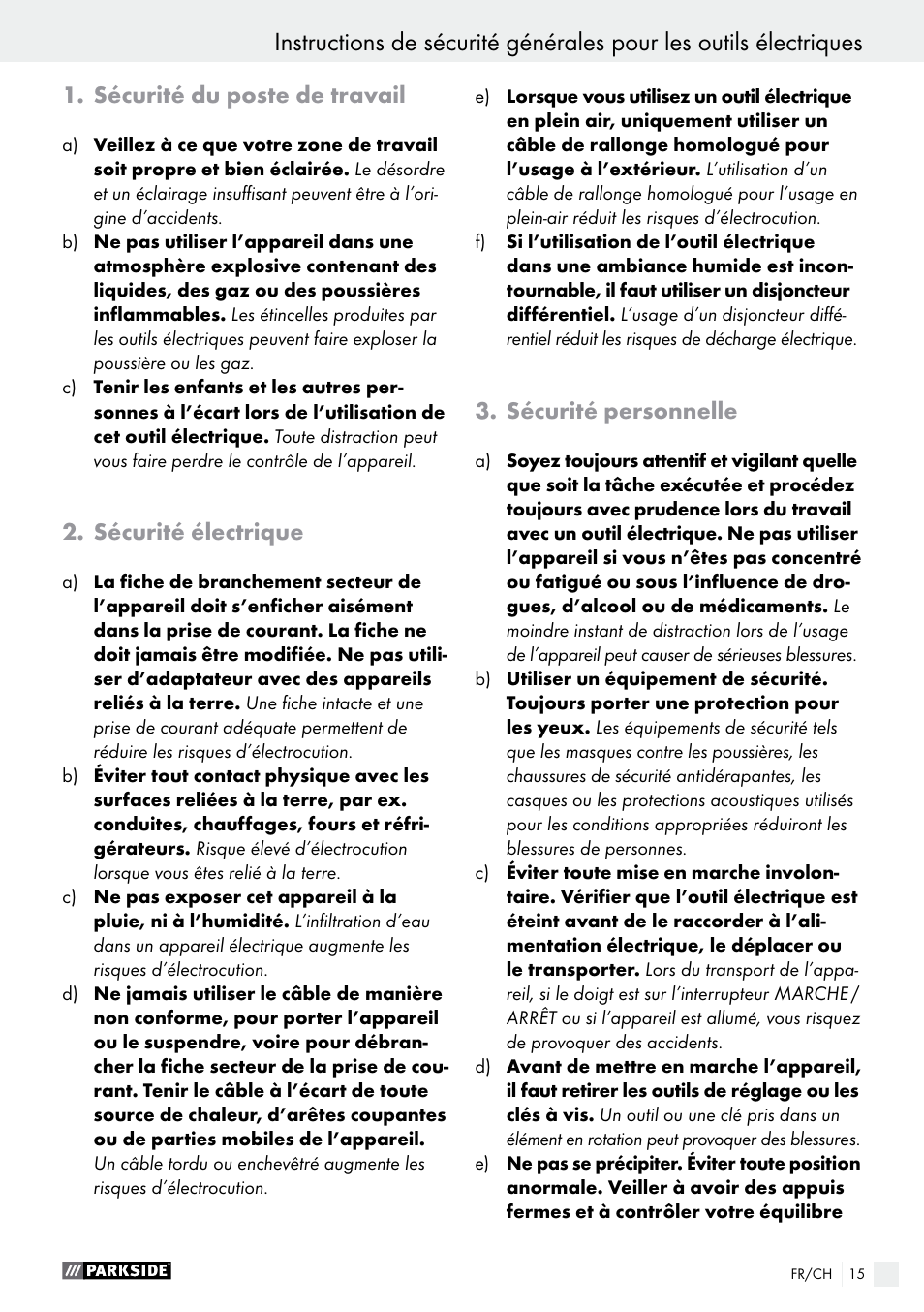 Sécurité du poste de travail, Sécurité électrique, Sécurité personnelle | Parkside PHLG 2000 B1 User Manual | Page 15 / 36