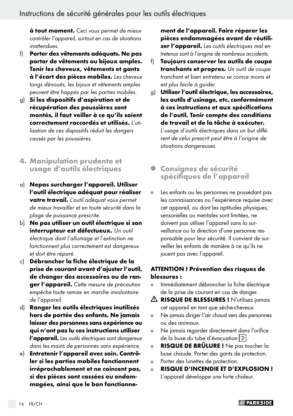 Consignes de sécurité spécifiques de l’appareil | Parkside PHLG 2000 B1 User Manual | Page 16 / 36