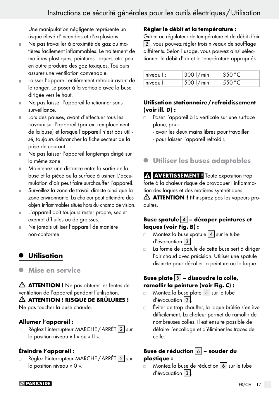 Utilisation, Mise en service, Utiliser les buses adaptables | Parkside PHLG 2000 B1 User Manual | Page 17 / 36