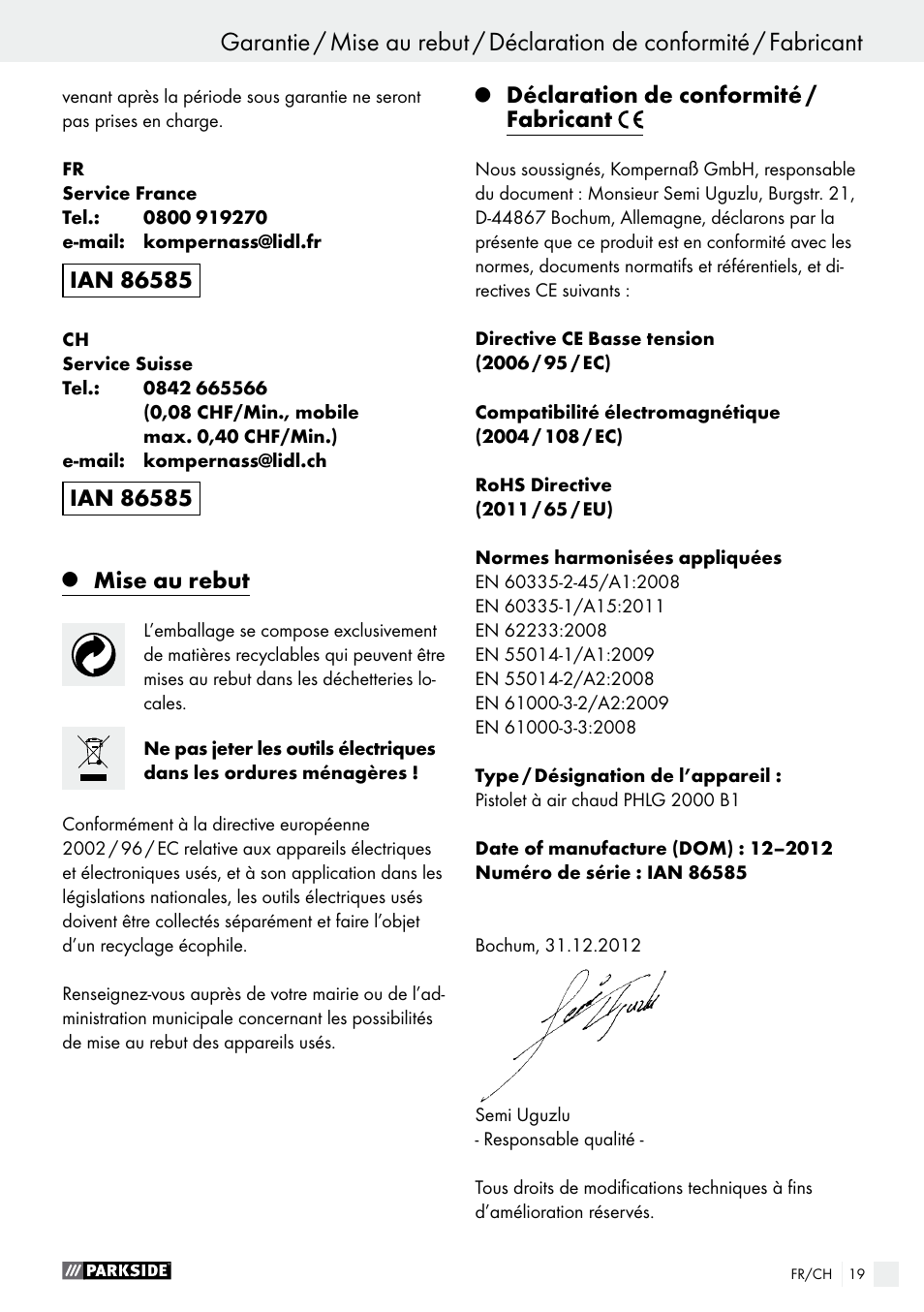 Mise au rebut, Déclaration de conformité / fabricant | Parkside PHLG 2000 B1 User Manual | Page 19 / 36