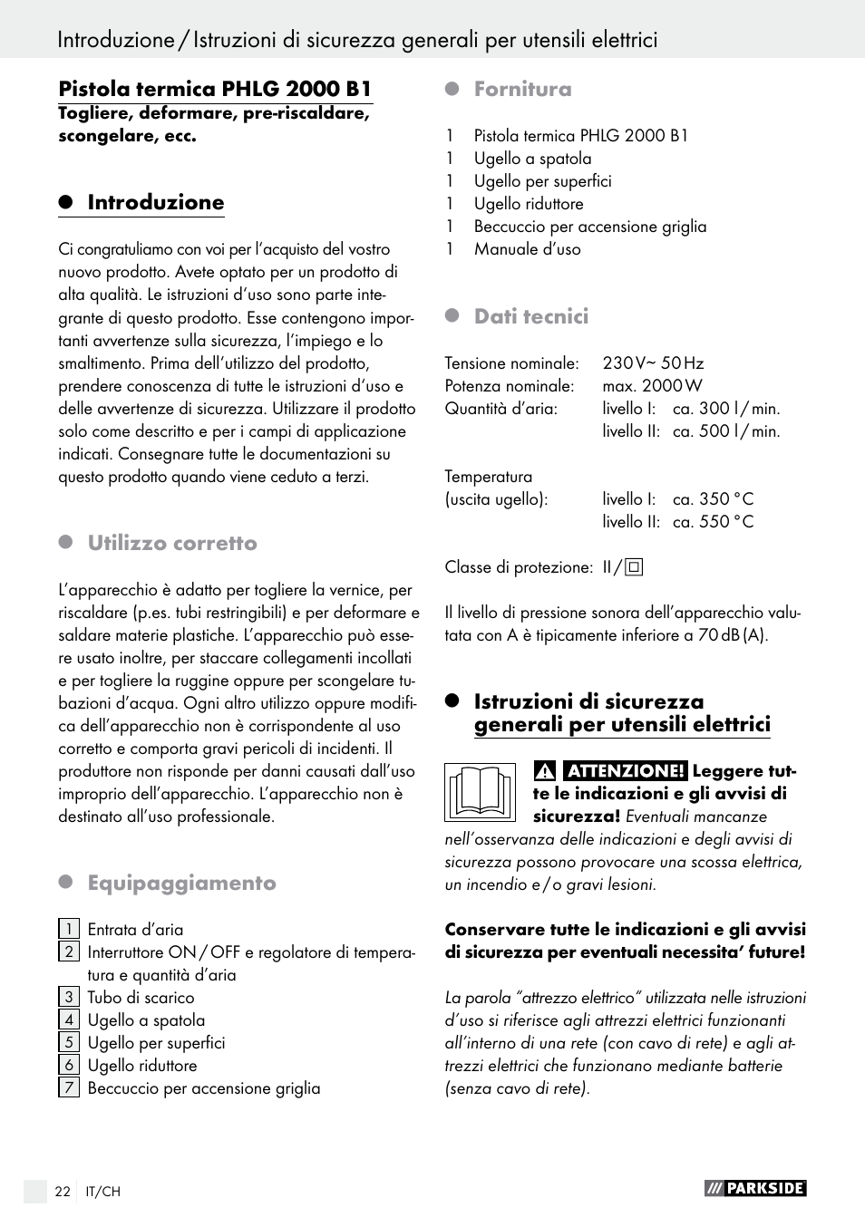 Introduzione, Utilizzo corretto, Equipaggiamento | Fornitura, Dati tecnici | Parkside PHLG 2000 B1 User Manual | Page 22 / 36