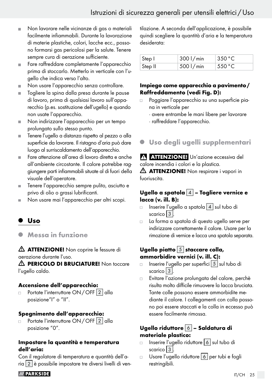 Messa in funzione, Uso degli ugelli supplementari | Parkside PHLG 2000 B1 User Manual | Page 25 / 36