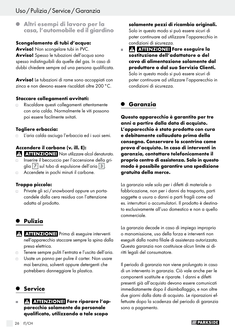 Pulizia, Service, Garanzia | Parkside PHLG 2000 B1 User Manual | Page 26 / 36
