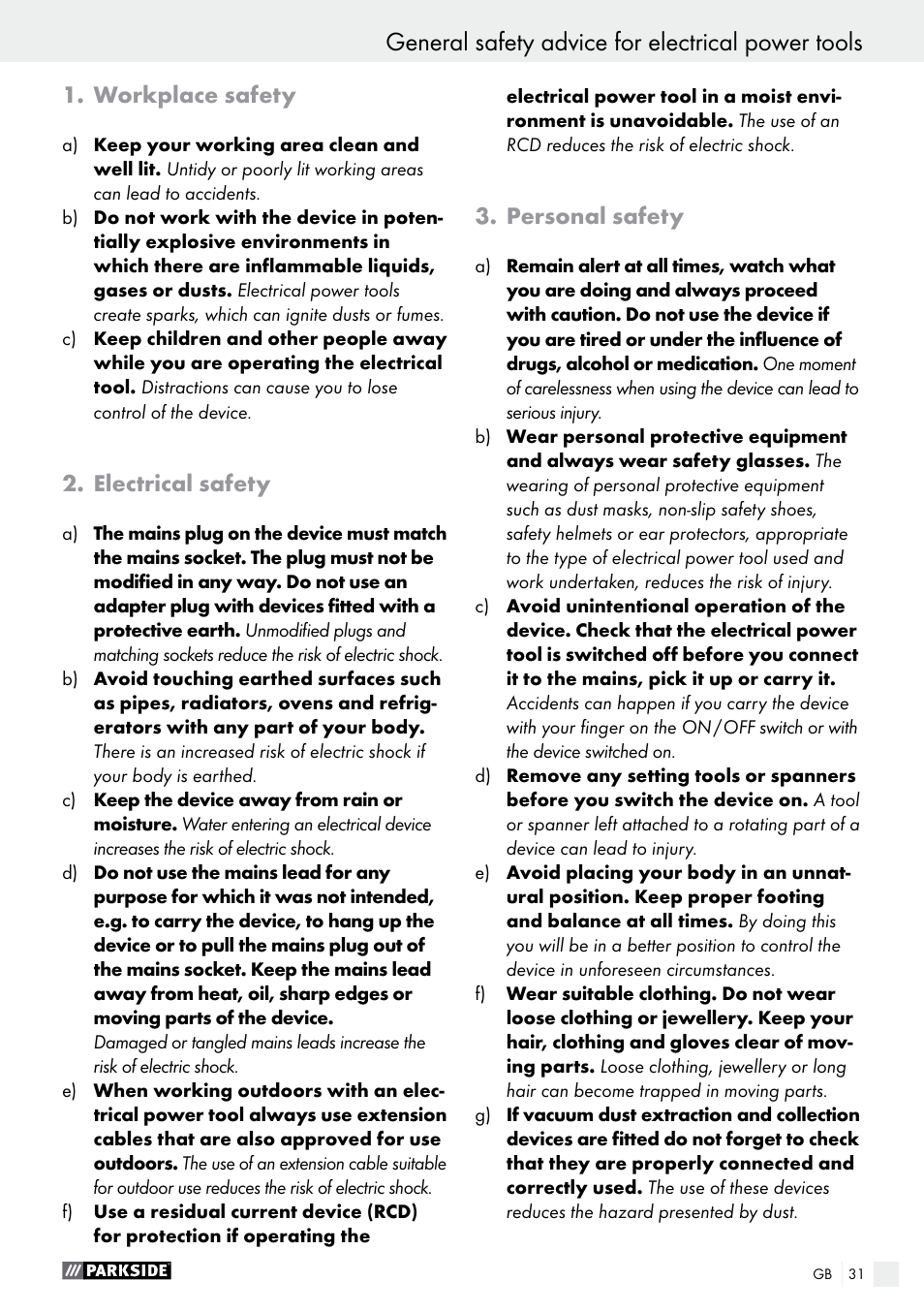 General safety advice for electrical power tools, Workplace safety, Electrical safety | Personal safety | Parkside PHLG 2000 B1 User Manual | Page 31 / 36