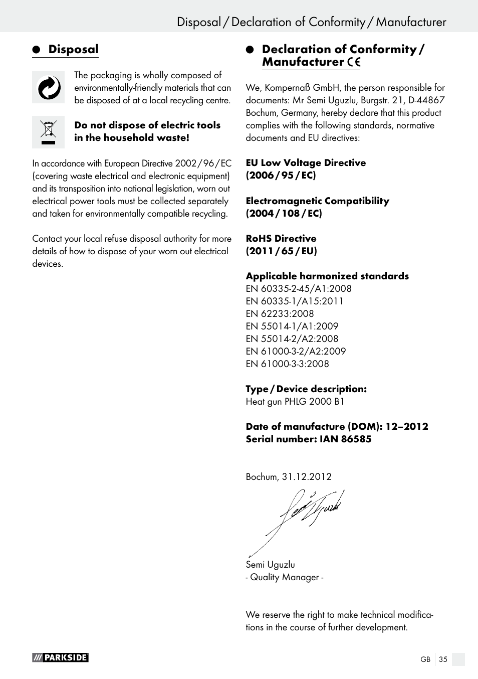 Disposal, Declaration of conformity / manufacturer | Parkside PHLG 2000 B1 User Manual | Page 35 / 36