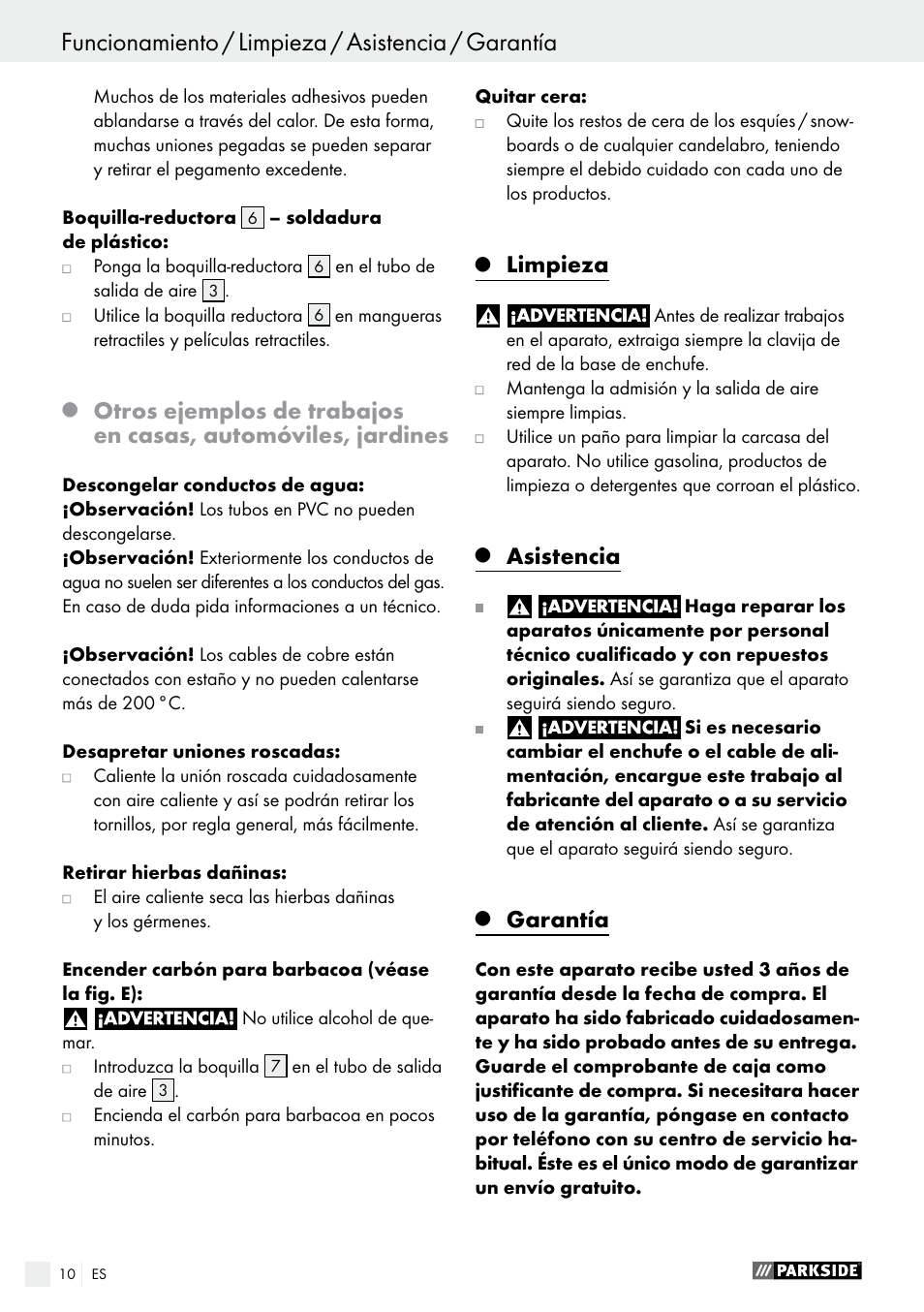 Limpieza, Asistencia, Garantía | Parkside PHLG 2000 B1 User Manual | Page 10 / 45