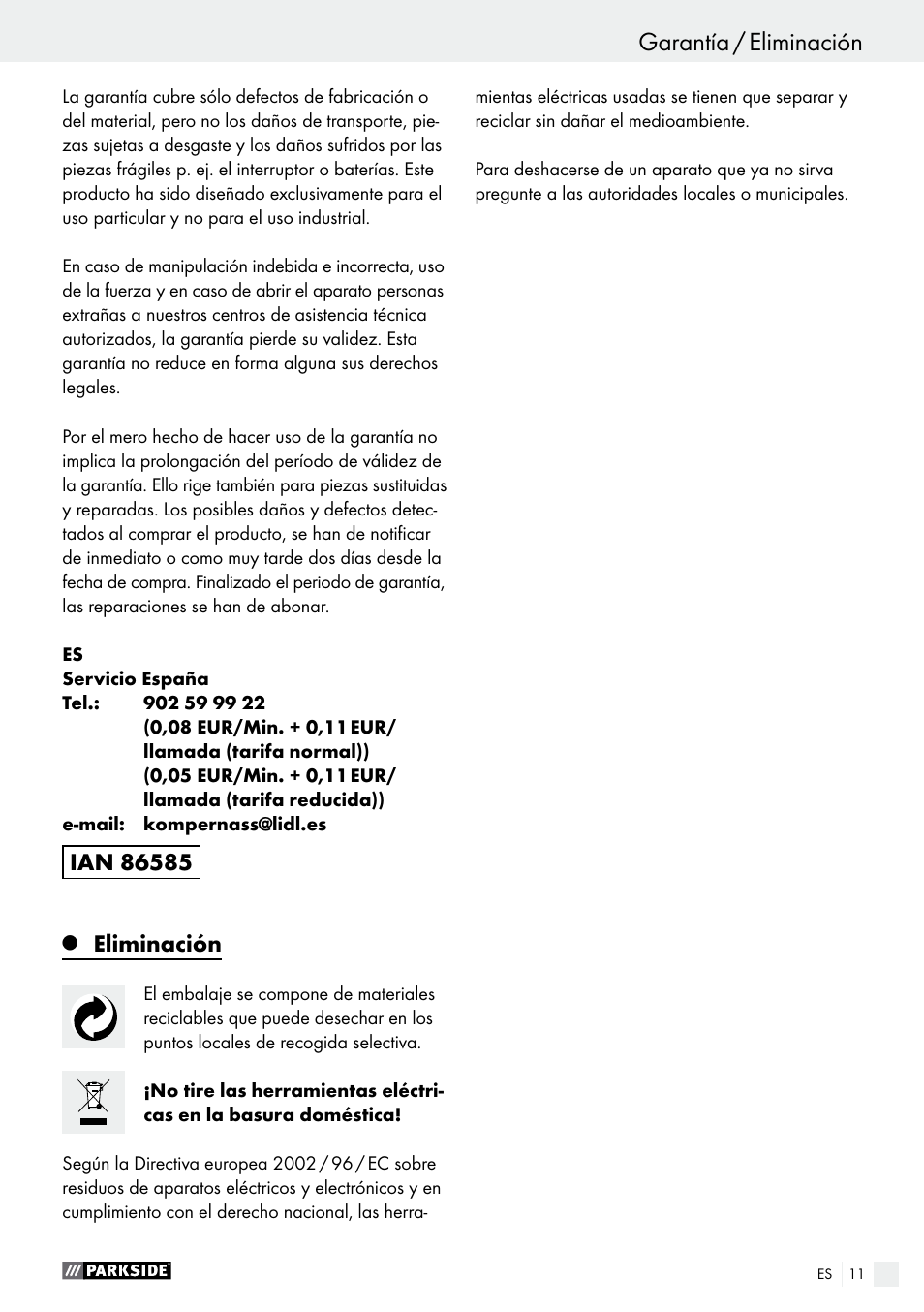 Eliminación | Parkside PHLG 2000 B1 User Manual | Page 11 / 45