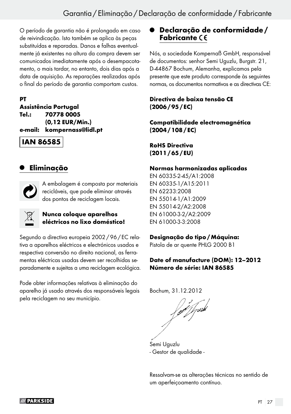 Funcionamento / limpeza / assistência / garantia, Eliminação, Declaração de conformidade / fabricante | Parkside PHLG 2000 B1 User Manual | Page 27 / 45