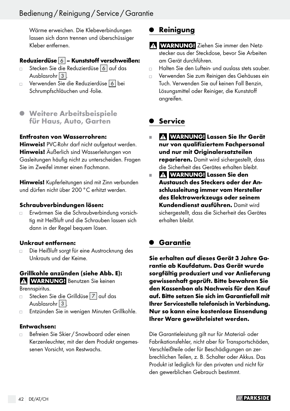 Weitere arbeitsbeispiele für haus, auto, garten, Reinigung, Service | Garantie | Parkside PHLG 2000 B1 User Manual | Page 42 / 45