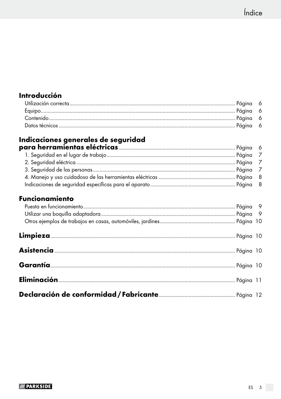 Índice | Parkside PHLG 2000 B1 User Manual | Page 5 / 45