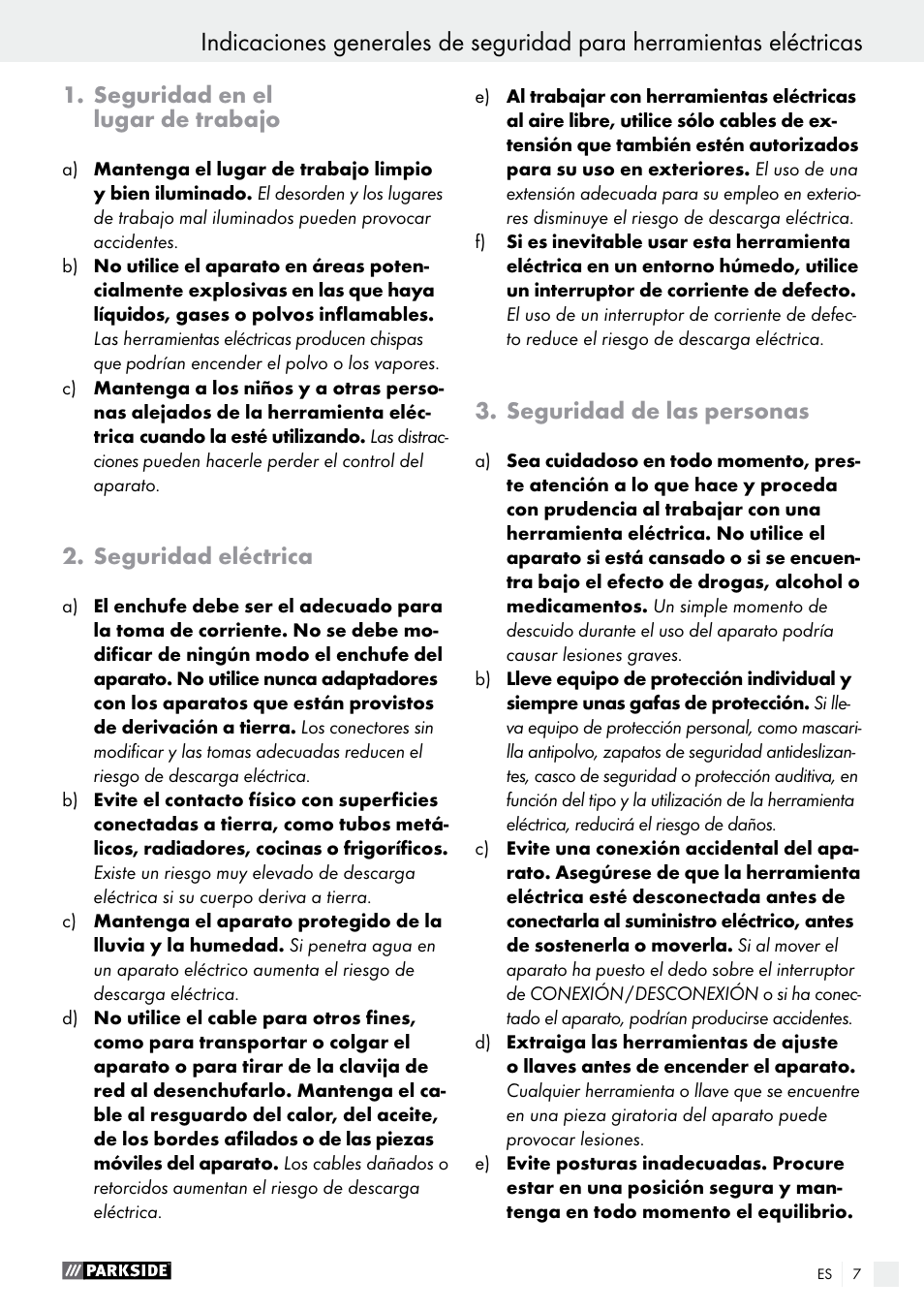 Seguridad en el lugar de trabajo, Seguridad eléctrica, Seguridad de las personas | Parkside PHLG 2000 B1 User Manual | Page 7 / 45