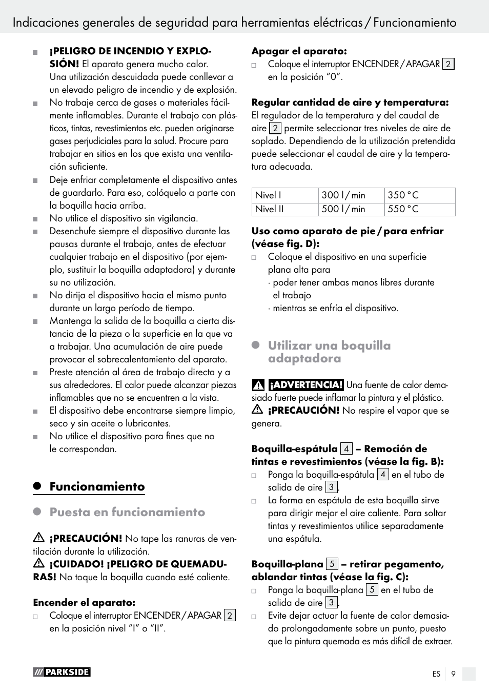 Funcionamiento, Puesta en funcionamiento, Utilizar una boquilla adaptadora | Parkside PHLG 2000 B1 User Manual | Page 9 / 45