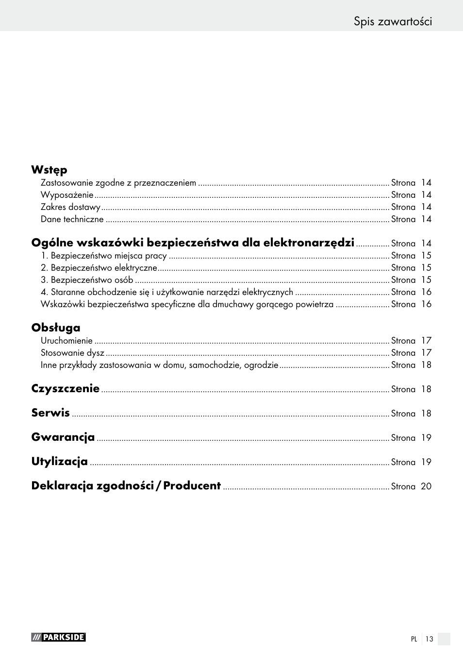 Spis zawartości | Parkside PHLG 2000 B1 User Manual | Page 13 / 61