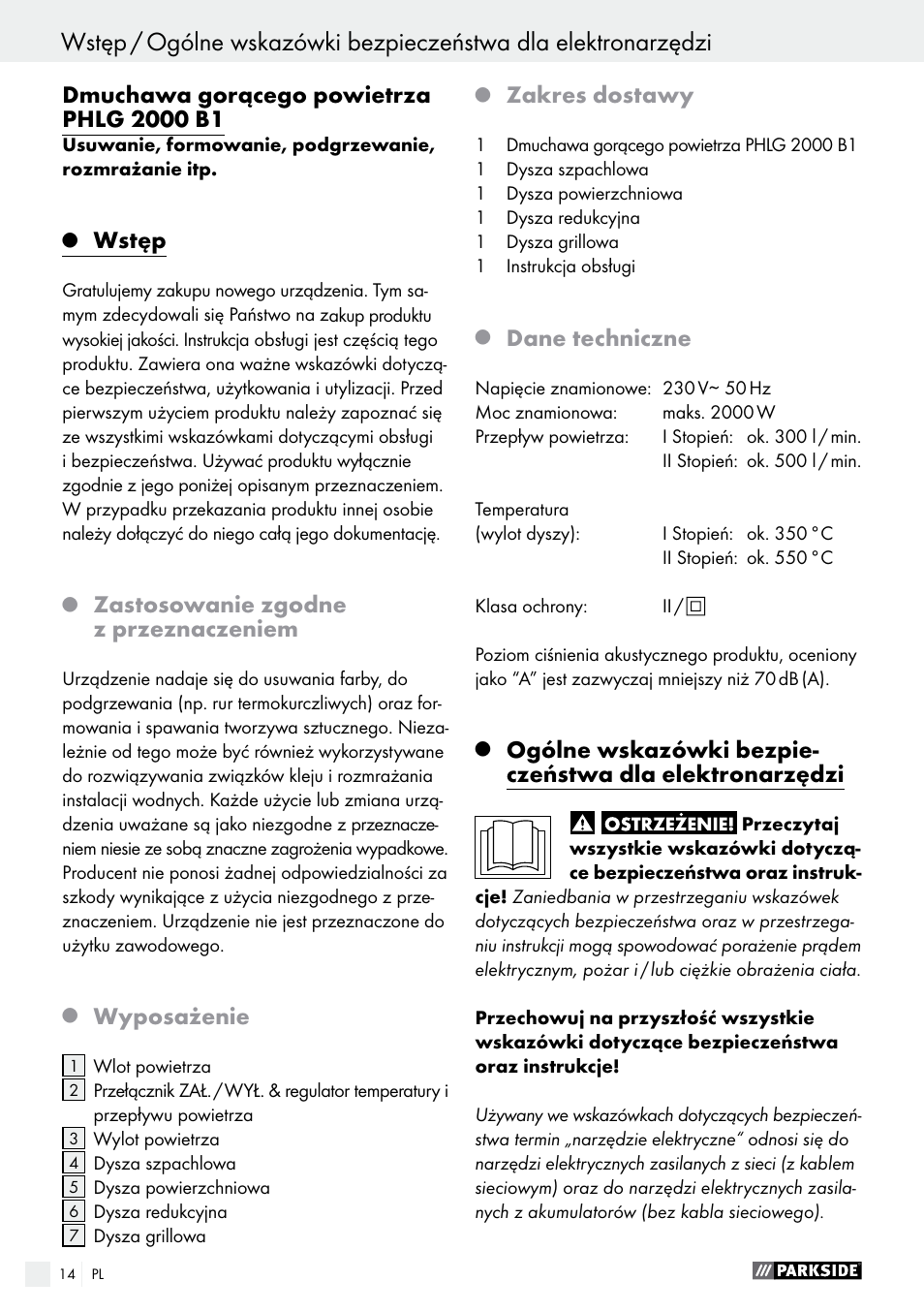 Wstęp, Zastosowanie zgodne z przeznaczeniem, Wyposażenie | Zakres dostawy, Dane techniczne | Parkside PHLG 2000 B1 User Manual | Page 14 / 61