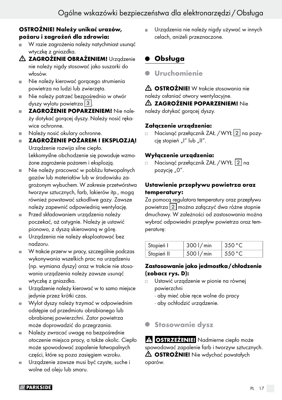 Obsługa, Uruchomienie, Stosowanie dysz | Parkside PHLG 2000 B1 User Manual | Page 17 / 61