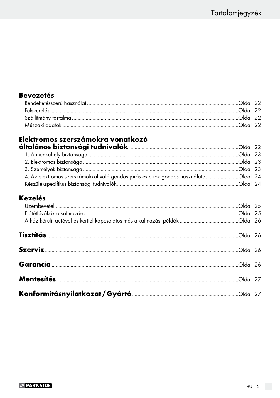 Tartalomjegyzék, Deklaracja zgodności / producent | Parkside PHLG 2000 B1 User Manual | Page 21 / 61