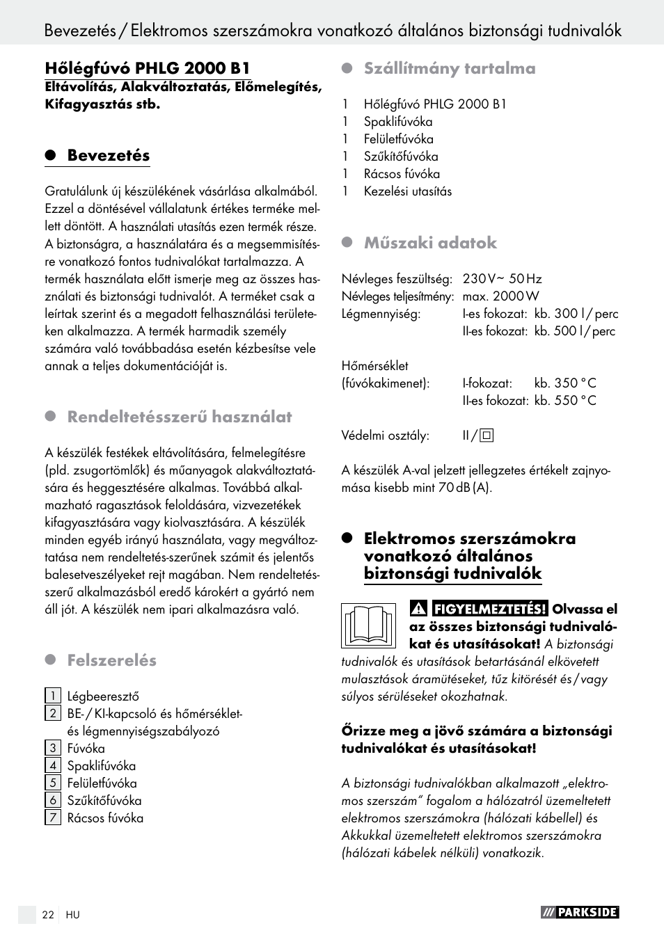 Bevezetés, Rendeltetésszerű használat, Felszerelés | Szállítmány tartalma, Műszaki adatok | Parkside PHLG 2000 B1 User Manual | Page 22 / 61