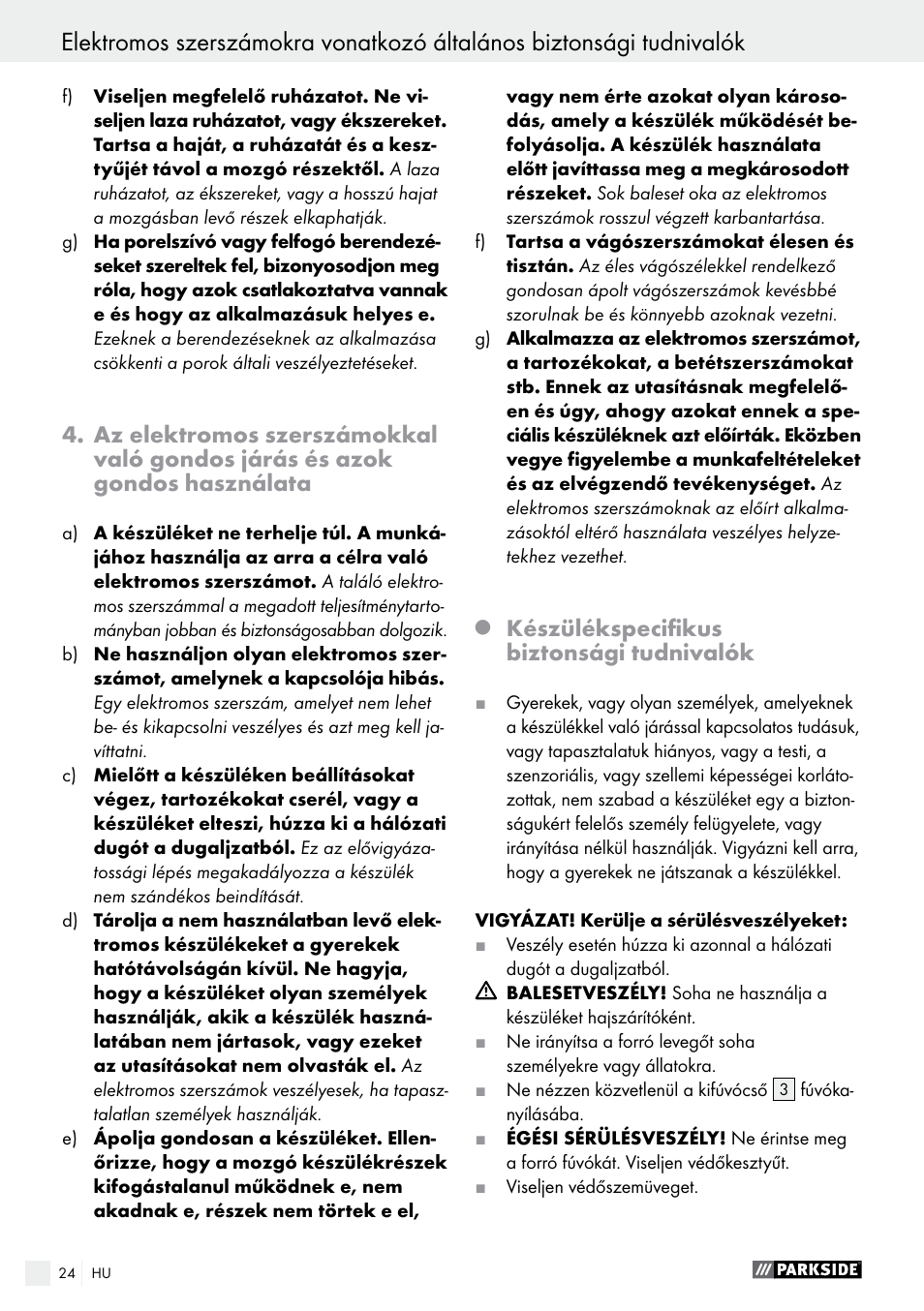 Készülékspecifikus biztonsági tudnivalók | Parkside PHLG 2000 B1 User Manual | Page 24 / 61